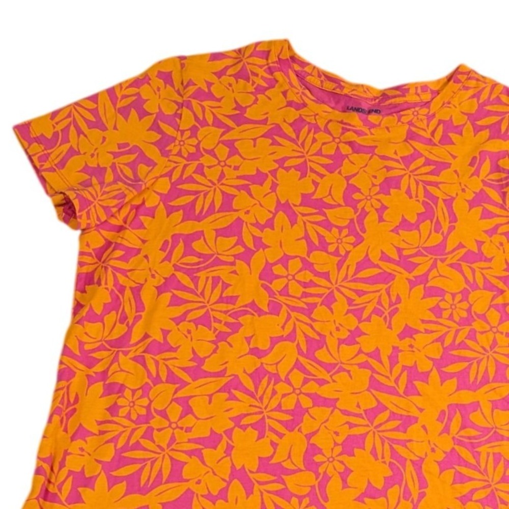 Lands End Womens M 10-12 Pink Orange Floral Tropical Cotton T-Shirt Short Sleeve
